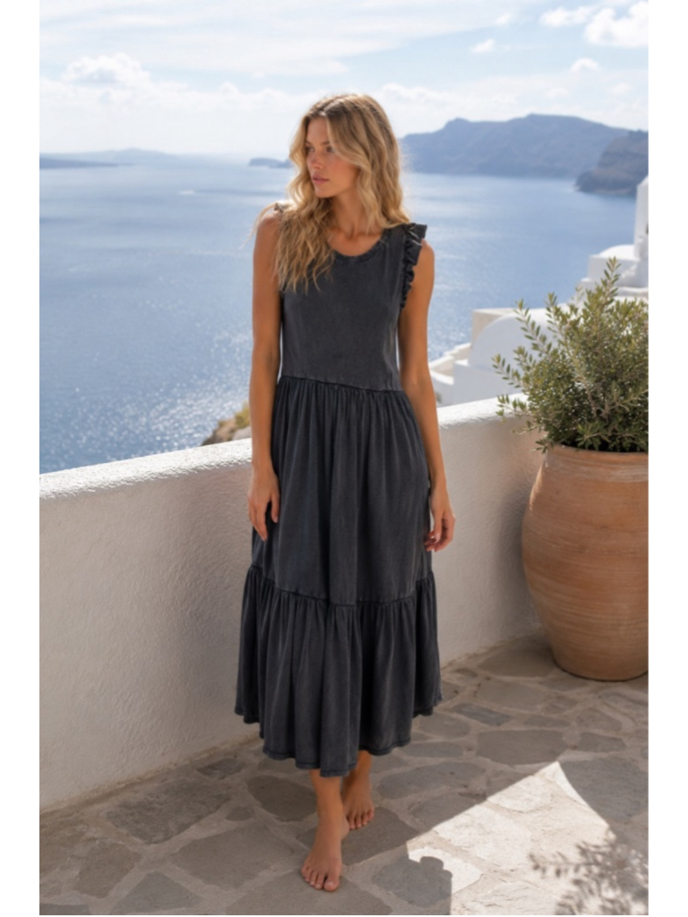 Wonderly Washed Black Ruffle Maxi Dress M Coastal Boho Tiered Cottagecore Soft